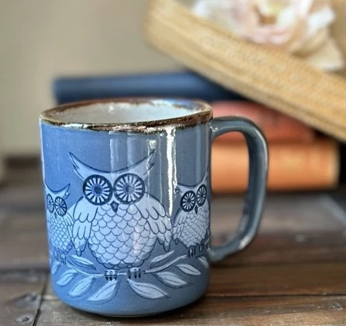 VTG Otagiri OWL Family BLUE Pottery Stoneware Coffee Tea MUG