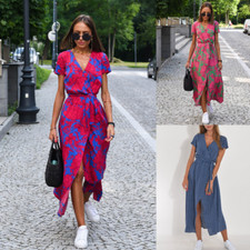 Female Printed Dress Summer Floral Short-sleeved V-neck Slit Mid-length Dress