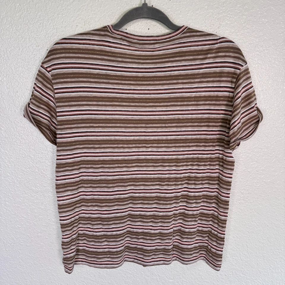 Brunello Cucinelli Top Womens XS Metallic Stripe Linen Cotton Striped Tee Italy - Image 2 of 4