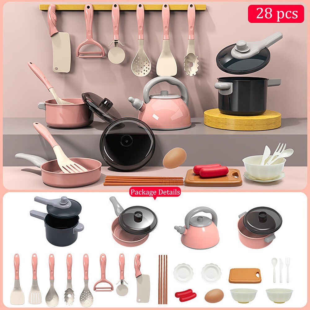Juego de 28 piezas de utensilios de cocina para niños para jugar ollas sartenes accesorios