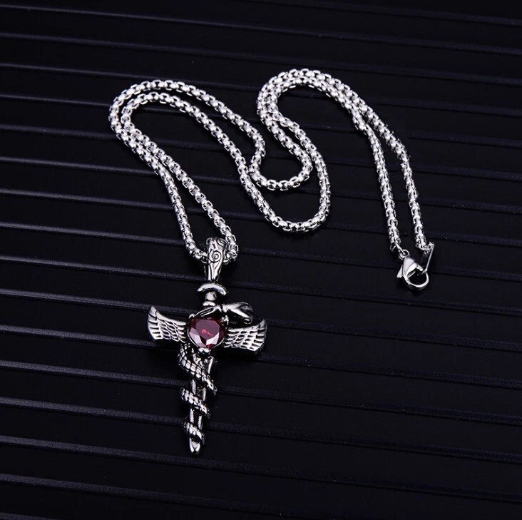  Collar colgante cruz circonita cúbica imitación zafiro alas de ángel de acero inoxidable para hombre Foto 2 de 4