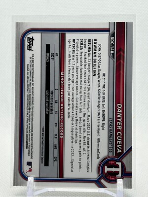 2022 Bowman Chrome Sapphire Danyer Cueva BDC-148 SP Rangers 2022 Bowman Chrome Sapphire Danyer Cueva BDC-148 SP Rangers