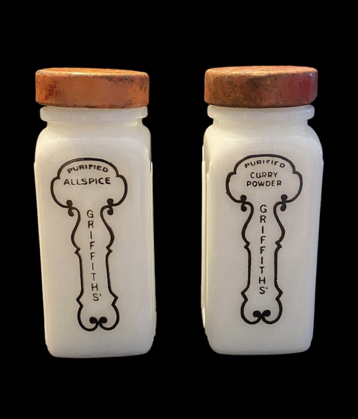 Vintage Griffiths Milk Glass Hoosier Spice Jars Curry Powder and Allspice w/Lids