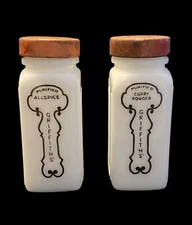 Vintage Griffiths Milk Glass Hoosier Spice Jars Curry Powder and Allspice w/Lids
