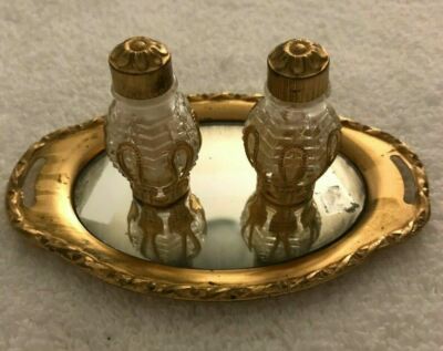 Vintage Mini Gold Metal Mirror with Two Decorative Gold Perfume Bottles - RARE