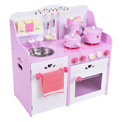 Kids Wood Pink Strawberry Pretend Cooking Kitchen Toy Play Set