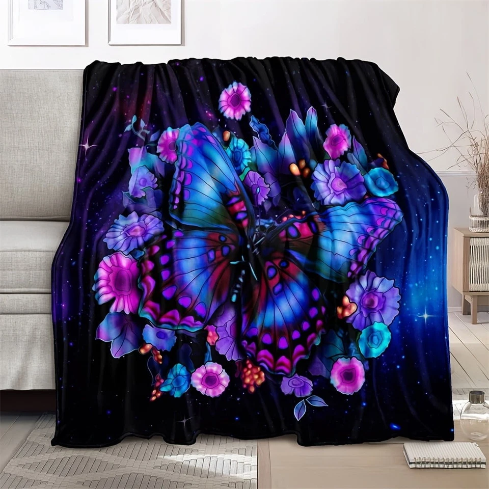 Geometric Butterfly and Purple Flowers Digital Print Flannel Throw Blanket Cozy - Image 2 of 4