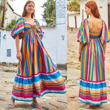 Farm Rio Striped Maxi Dress Size Small VGUC Puff Sleeve