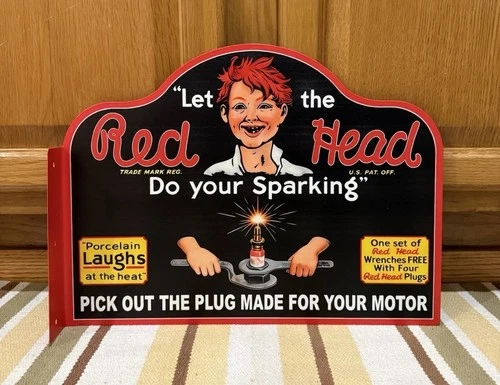 Red Head Spark Plug Flange Sign Motor Double Sided Vintage Style Wall Decor