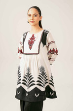 White and Black Printed Women's Kurta Kurti Traditional Tunic