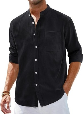 Men's Linen Button Down Shirt Long Sleeve Band Collar Casual Beach Top