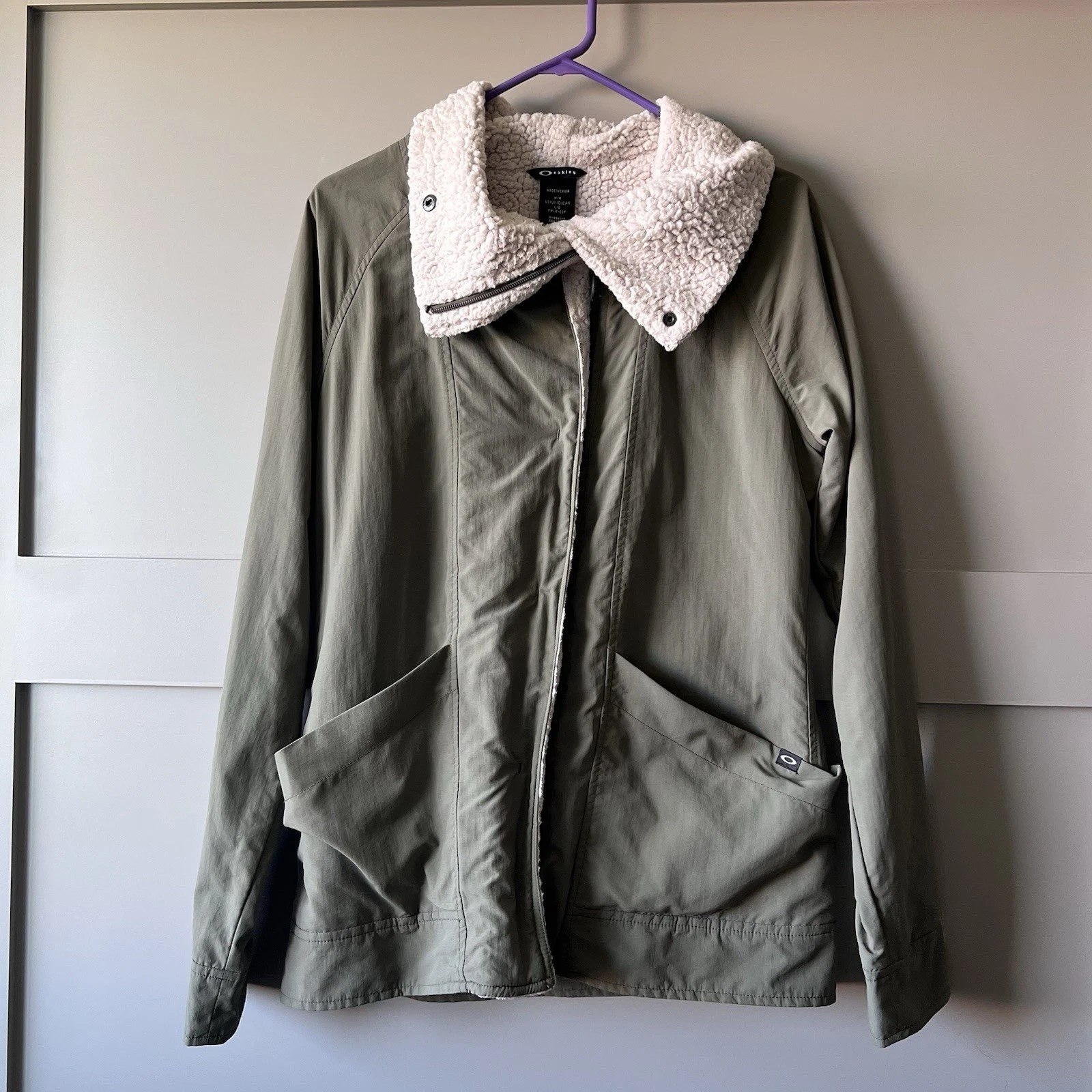 Oakley Sherpa Lined Parka Jacket Women Medium Zip Olive Green Outdoor Gorpcore