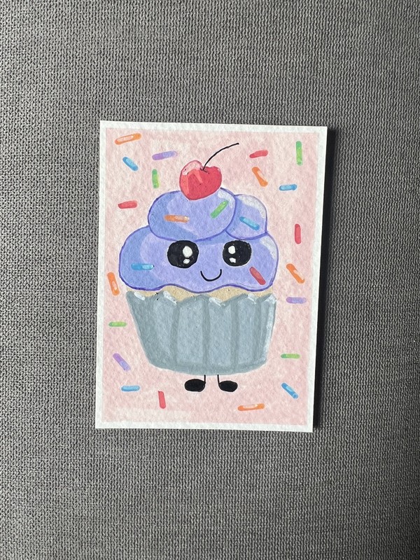 ACEO Original Purple Cupcake Bakery Character Painting by Erica Ferlet Art