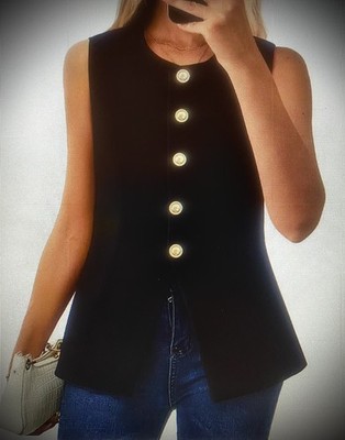Substantian Women s Button-Down Round Neck, Sleeveless Blazer Vest-Black