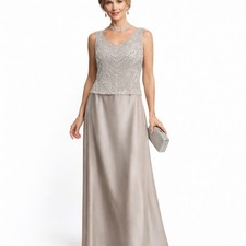 Alex Evenings Beaded Champagne Maxi Dress 6P Mother of Bride/Groom Cocktail