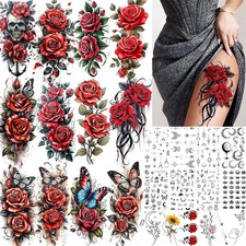 26 Sheets Beautiful 3D Red Rose Temporary Tattoos For Women Thigh Leg Tattoo Sti