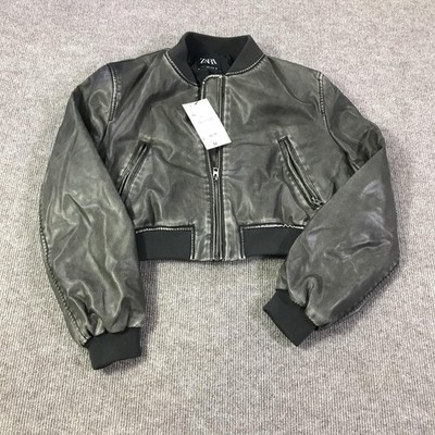 ZARA Jacket Womens Medium Gray Cropped Faux Leather Bomber NWT