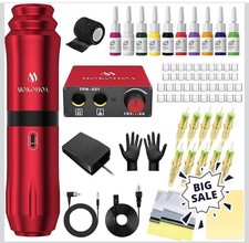 Complete Professional Tattoo Gun Kit Rotary Tattoo Pen Machine for Beginners-RED