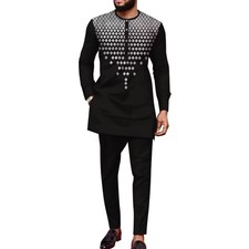 Men's Geometric Print Formal Suit Set, Long Sleeve Top  Pants