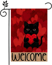 Valentines Day Garden Flag 12X18 Inch Double Sided Black Cat Heart Love Pattern