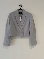 Stradivarius Cropped Crinkle Tie-Back Blazer in Pale Grey - Size S (NWT)
