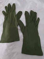 Mid Century Ladies dark green gloves, size 6.5, gauntlet length
