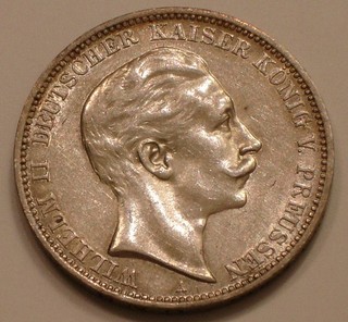 1911 A SILVER 3 Mark German State of Prussia Choice AU .4823 oz ASW