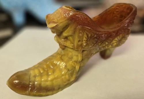 Vintage Fenton Slag Amber Yellow Swirl Daisy Button Cat Head Glass Shoe Slipper