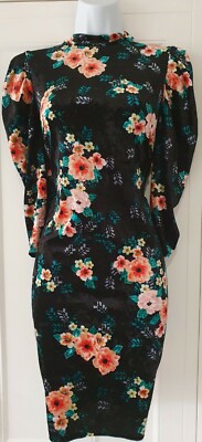 Bodycon-Damenkleid rot Hering schwarz Blumenmuster hochgeschlossen Puffärmel Samt 14