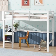 Twin Size Loft Bed Frame Wood Twin Size Bed Frame w/ Desk White/Oak/Pink