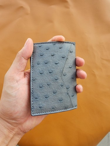 Cartera unisex gris/amarilla 100 % cuero de avestruz genuino con tarjetero piel real - Imagen 3 de 11