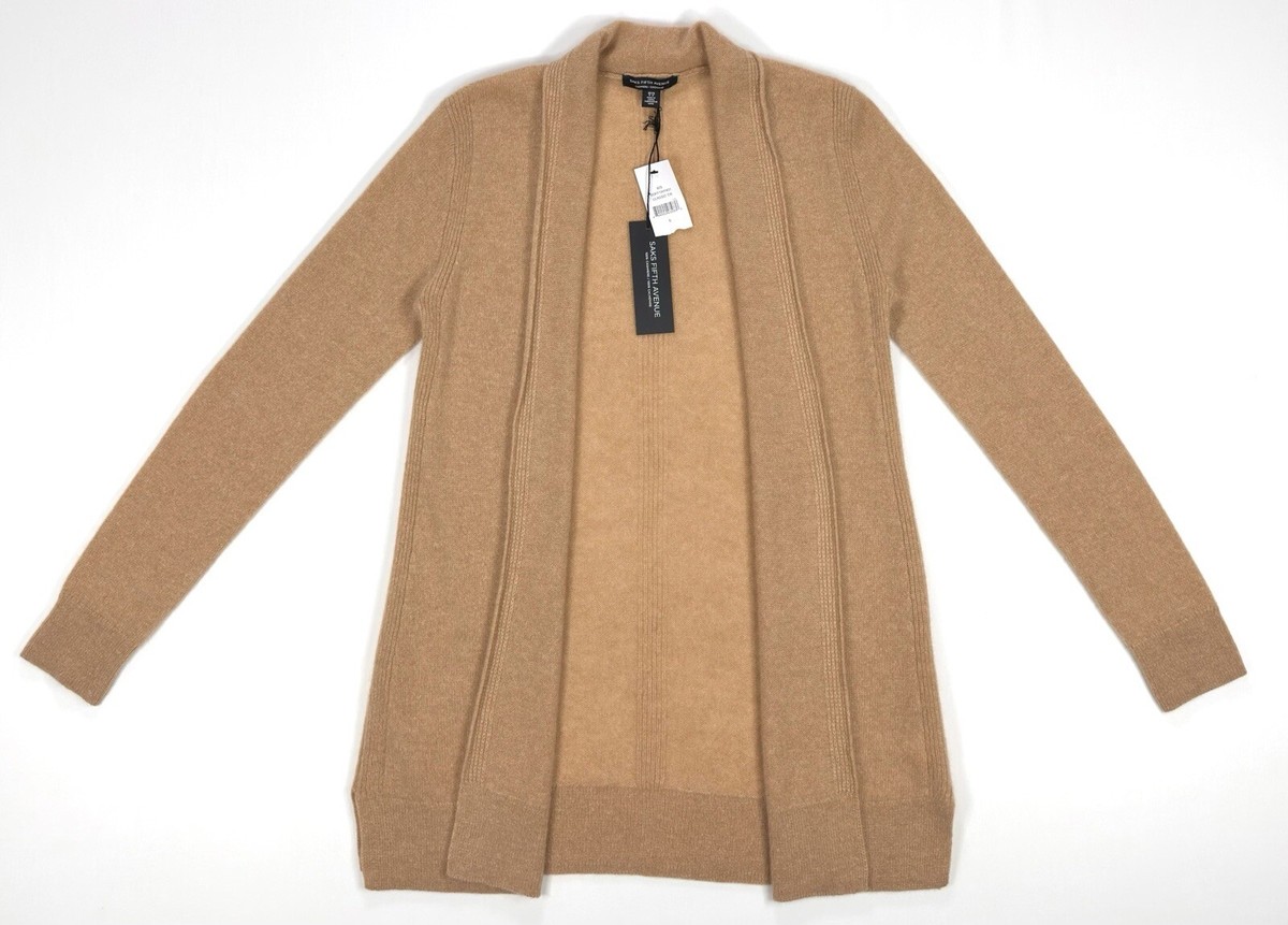 NWT Saks Fifth Avenue 100% Cashmere Tan Open Front Cardigan Ribbed