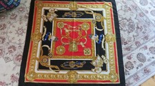 Vtg 35"x35" Patricia Paris Red/Blue/Gold Scarf Carriage-Motif Designer Couture