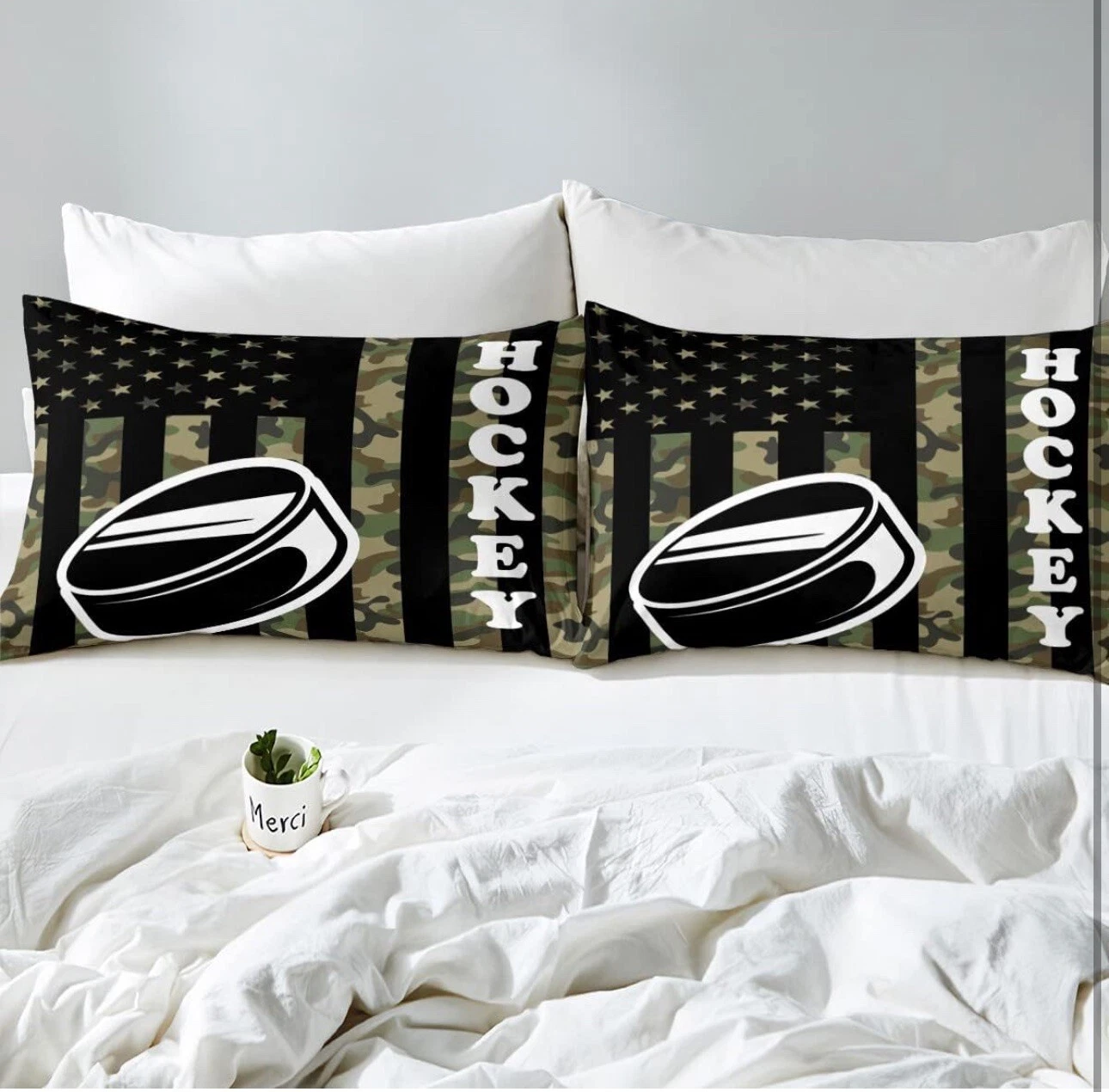Ice Hockey Full Size Bedding Sheet Set Camouflage Puck Design Pillow Cases