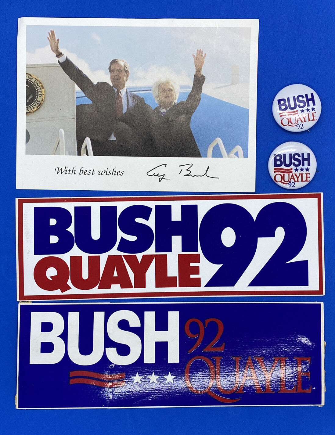 Lot of Bush Quayle 1992 election Merchandise, 2 stickers, 2 pins, 1 card