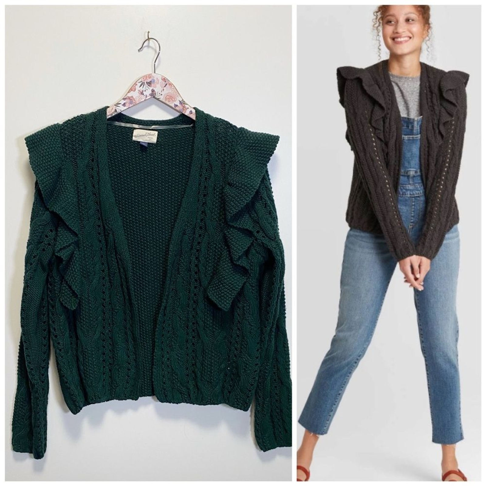 UNIVERSAL THREAD Hunter Green Ruffle Shoulder Ope… - image 1