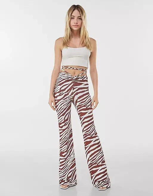 NWT Bershka wide leg zebra print pants with strap detail in brown