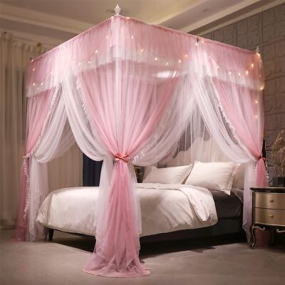 VETHIN 4 Corners Post Ruffle Princess Bed Canopy Curtain-Double Layer Cozy Dr...