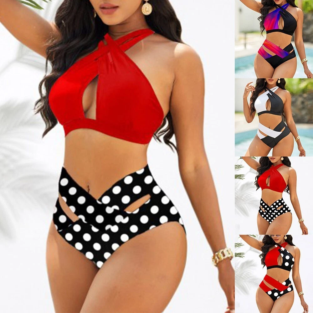 Ladies Bikini Swimwear Halter Push Up Swimsuit Womens High Waist Bathing  Suits