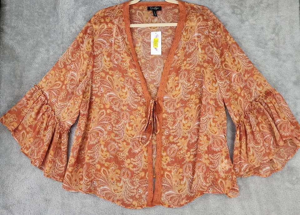 Camisa Jessica Simpson Mujer Mediana Naranja Transparente Paisley Abierta Volantes Kimono