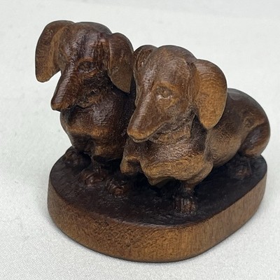 VTG Walter Stahli Dachshunds Pair Of Miniature Dogs Hand Carved Figure Wood Rare