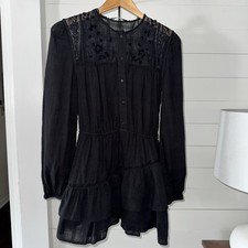 Zara Black Embroidered Puff Sleeve Mini Dress 100% Cotton Round Neck Size S