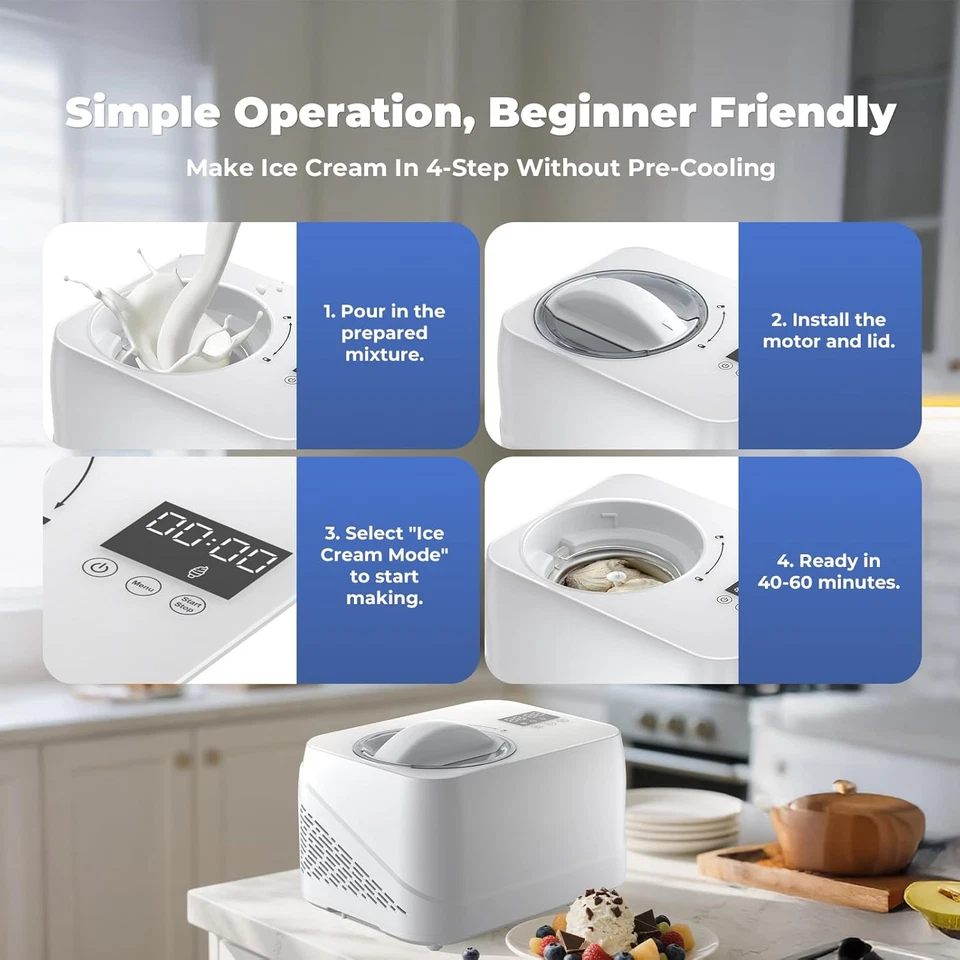 1L Ice Cream Maker with Compressor, 3 in 1, No Pre-freezing Cup/Scraper/Recipe - Image 4 of 4