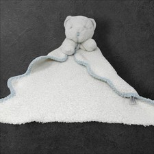 Mudpie Bear Plushie Blanket Lovie Boys Lovey White Blue Trim Scalloped Chenille