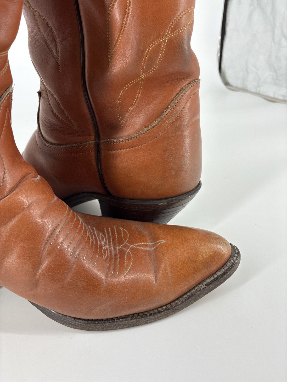 Vtg Tony Lama Leather Cowboy Boots Mens Sz 9.5 E Cognac Western 5055 Blk Label