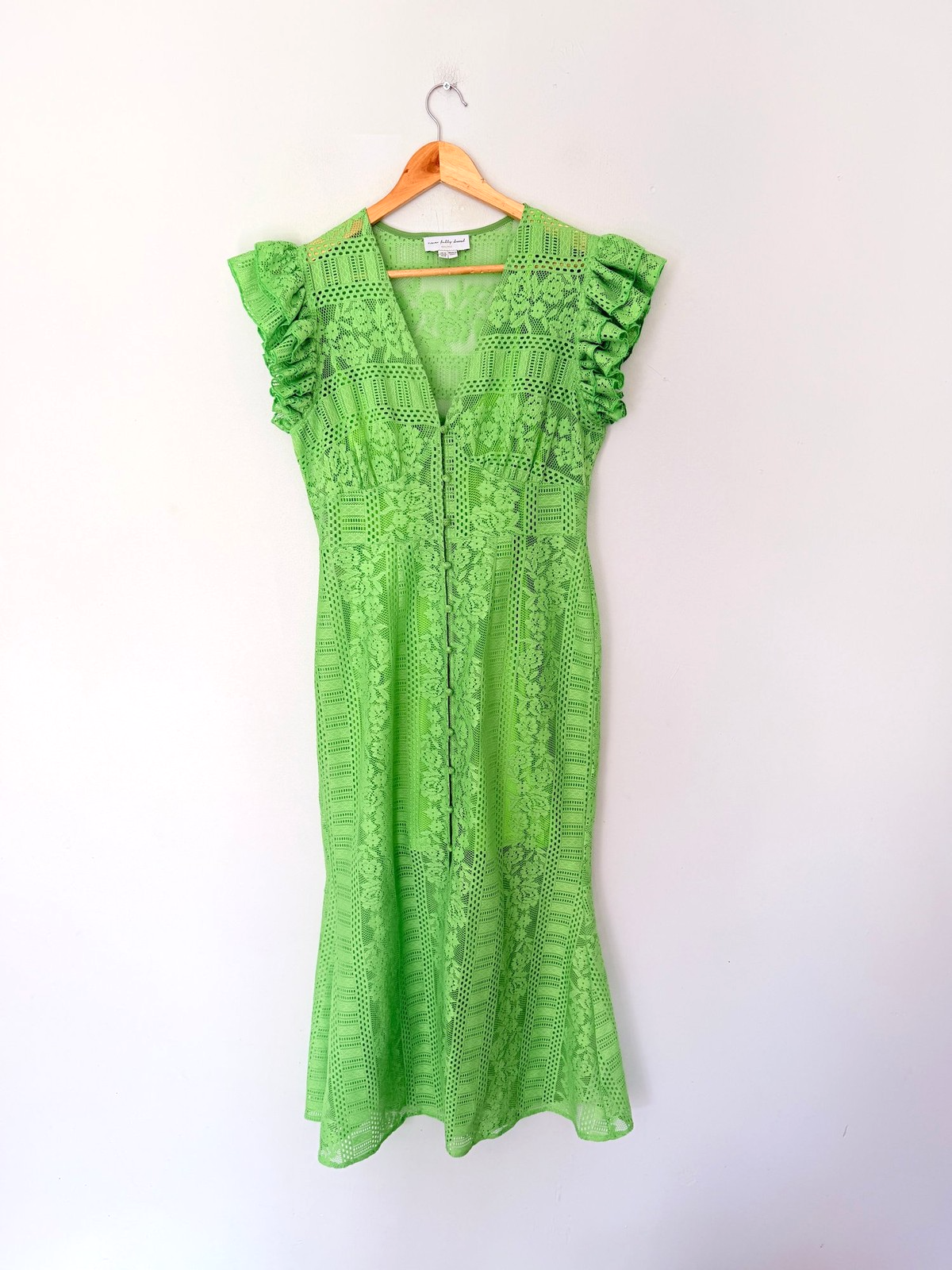 Never Fully Dressed Dress Size UK 12 Green Lace Ruffle Midi Button Boho