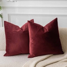 Velvet Throw Pillow Covers Set of 2, 14x14 Inch Cushion Cases for Sofa, Burgundy