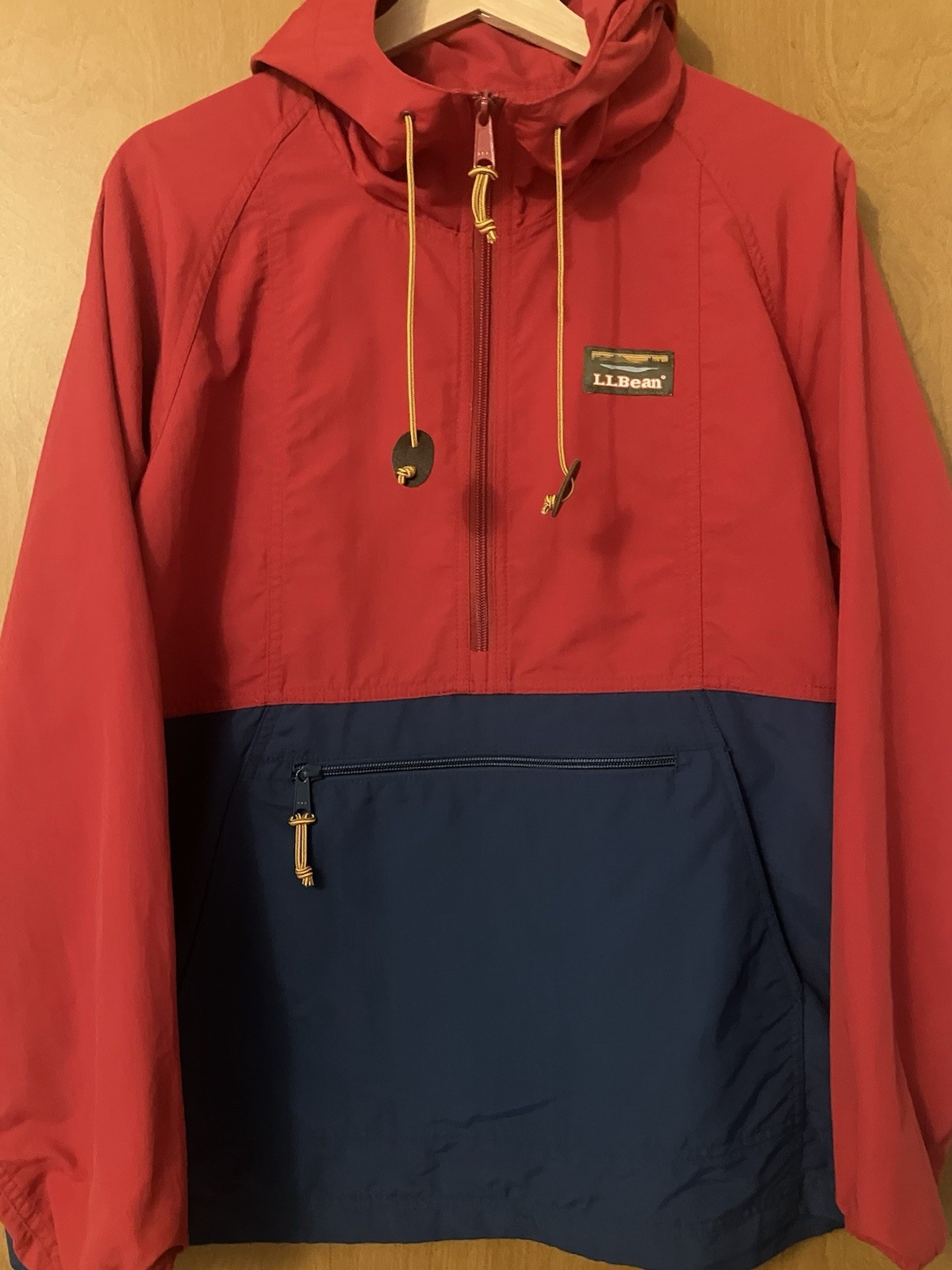 LL Bean Mountain Classic Anorak Women's Red/Blue Hooded 1/2 Zip Pullover Size LP