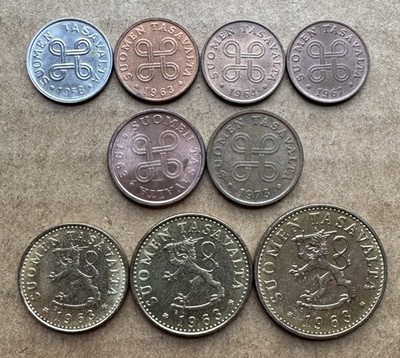 9 COIN LOT FINLAND PENNI MARKKA 5 PENNIA 10 PENNIA 20 PENNIA 50 PENNIA 1958-1973