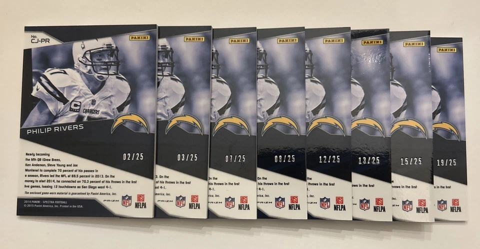 Philip Rivers, tarjetas de parche PRIZM DORADAS 2014 Panini Spectra Cornerstones FB. Foto 2 de 2